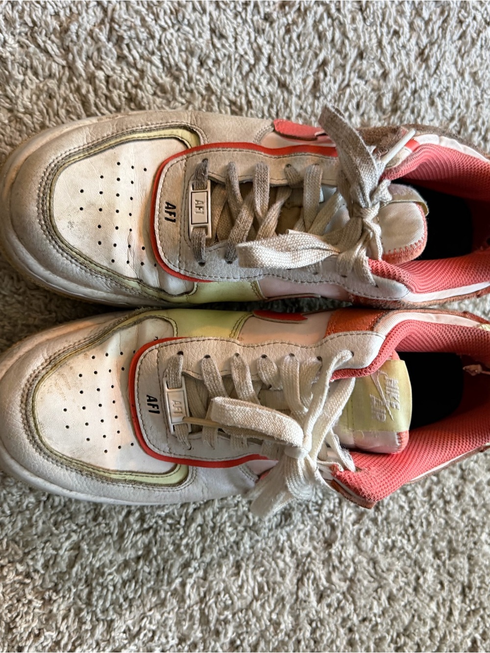 Nike White and Coral Women's Air Force 1 Sneakers